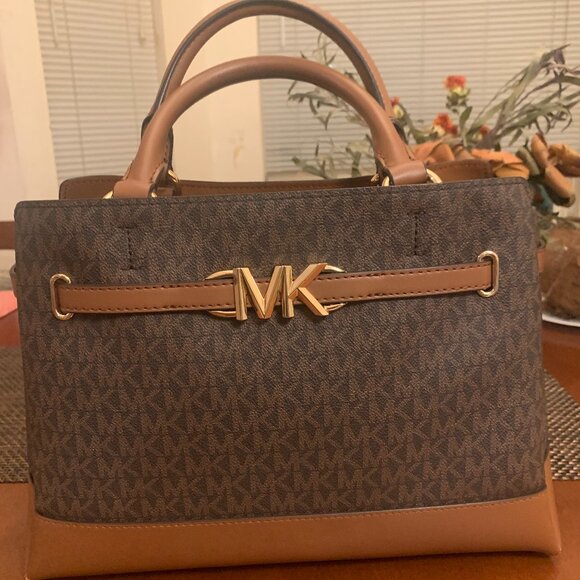 Michael Korse Reed Large Leather Belted Satchel Crossbody Brown - Picture 2 of 16